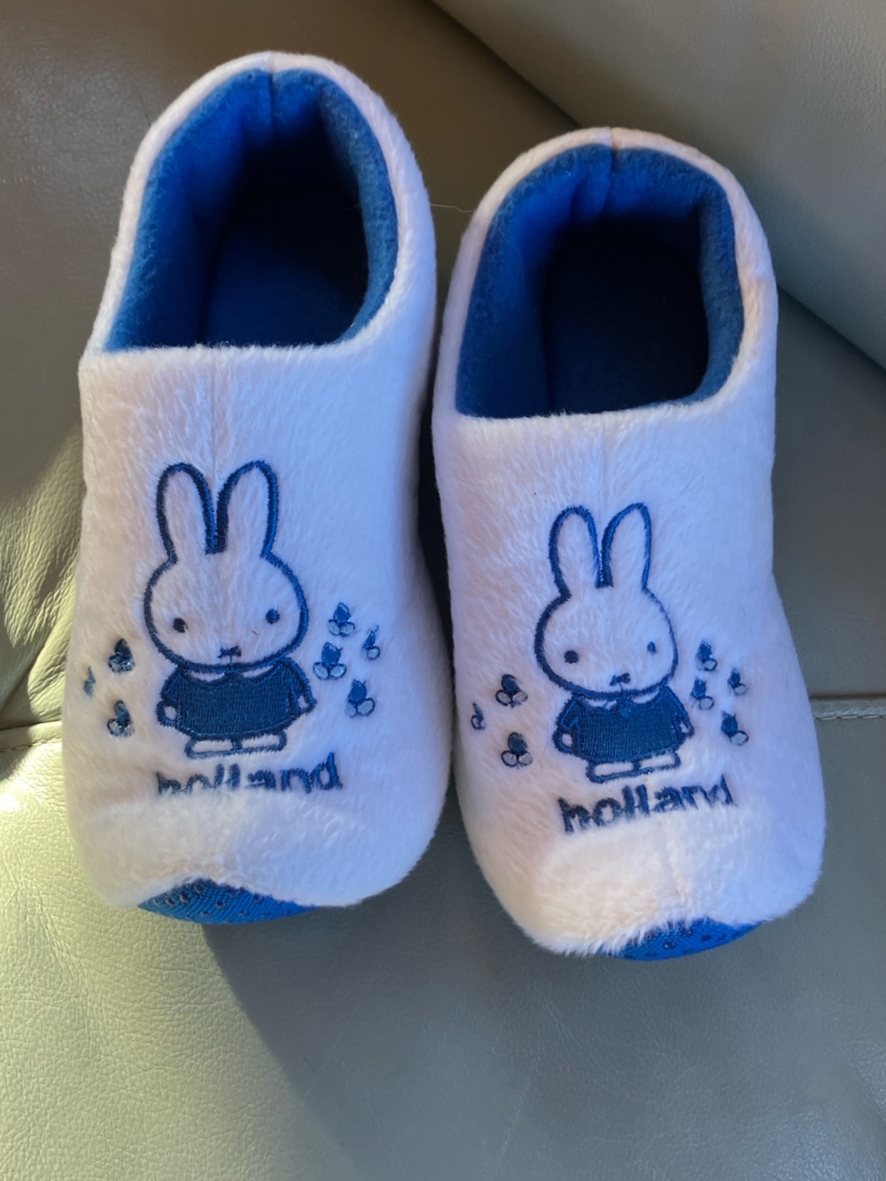 White & Navy Bunny Plush Slippers
